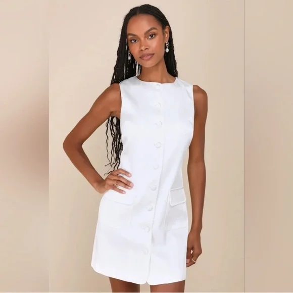Lulu's Chic White Sophisticated Satin Button-Up Mini Dress - Picture 4 of 4